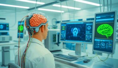 Illustration of Neuralink's brain implant technology translating thoughts into text.