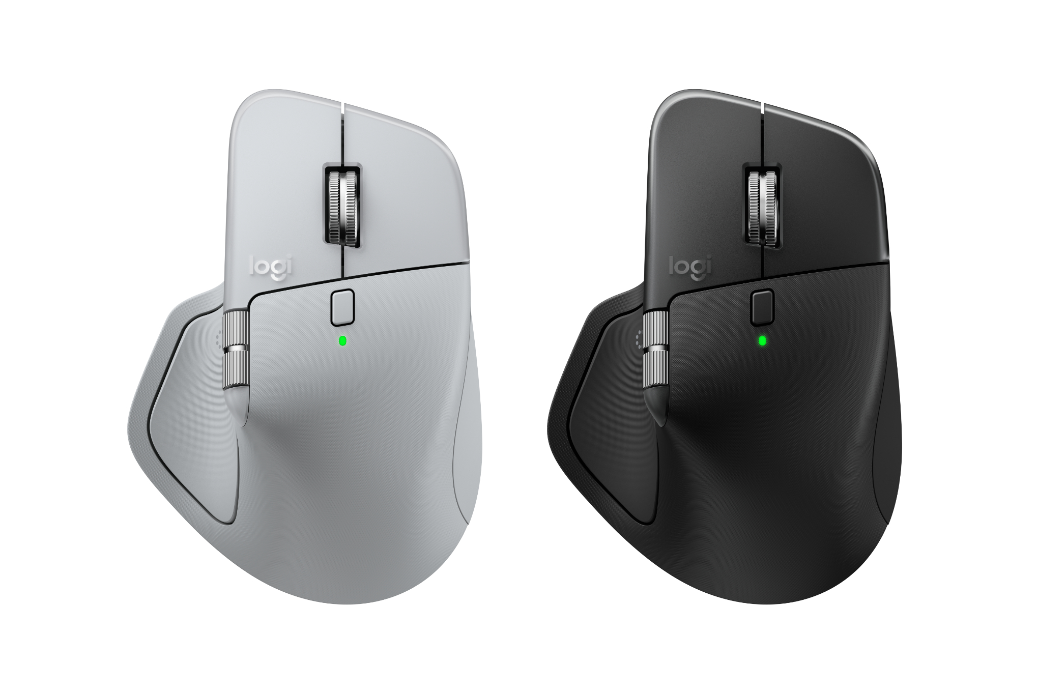 An image that shows a grey and black Logitech MX Master 4 next to each other.