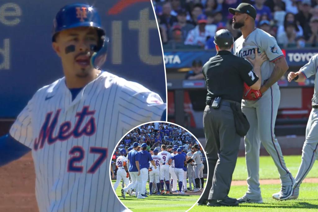 Benches clear in Mets-Marlins game after Mark Vientos gets hit by pitch