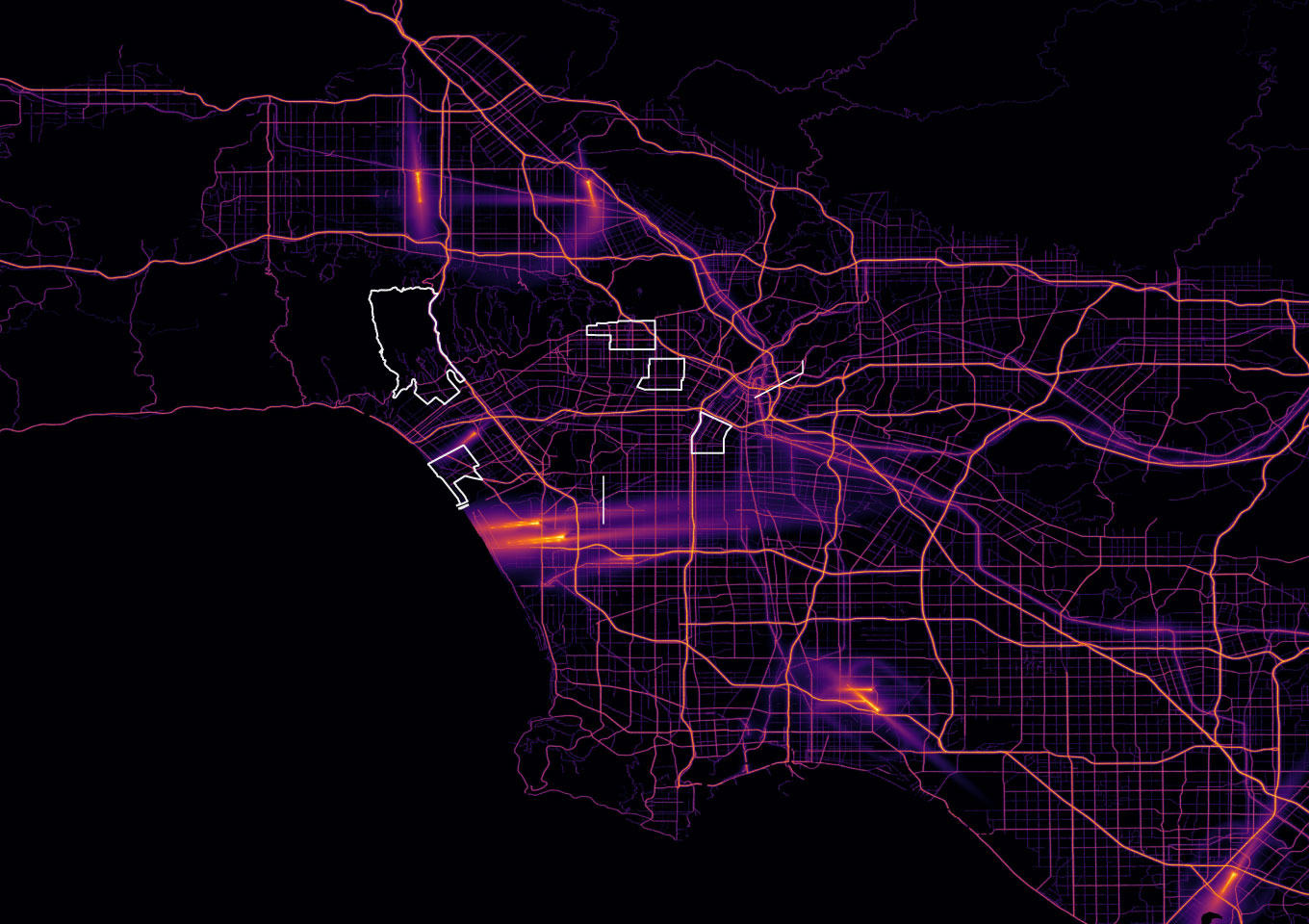 Map of the Los Angeles region with roads lit up in bright colors as major sources of noise. Airport ssuch as LAX are visible as long streaks of color over the city.