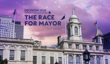 A graphic with an image of City Hall and "The Race for Mayor" written on it.
