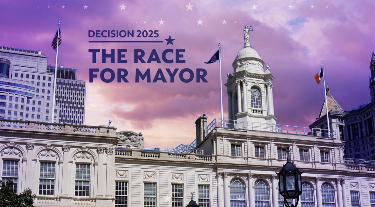 A graphic with an image of City Hall and "The Race for Mayor" written on it.