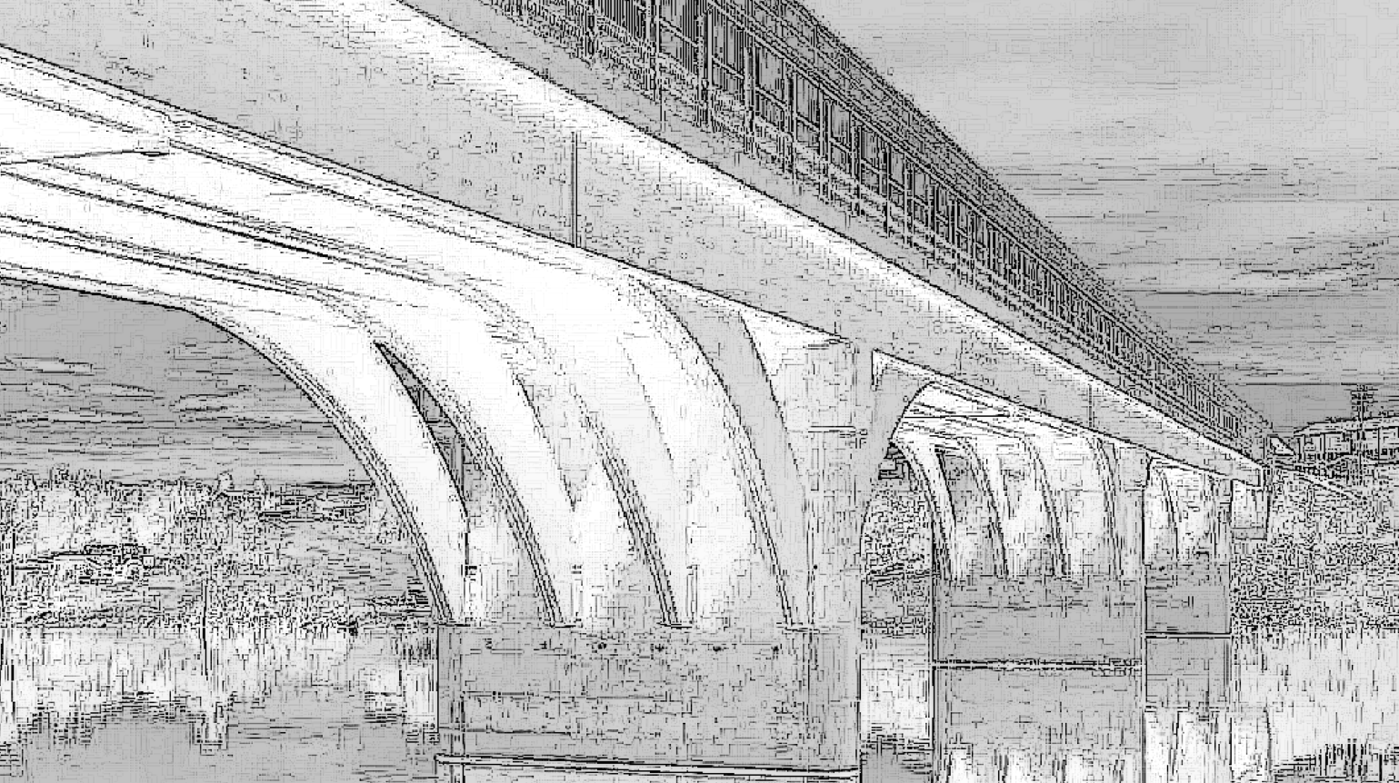 ChatGPT generated charcoal sketch of the Mistissini Bridge in Quebec, highlighting its timber arches and mirrored reflection in the water