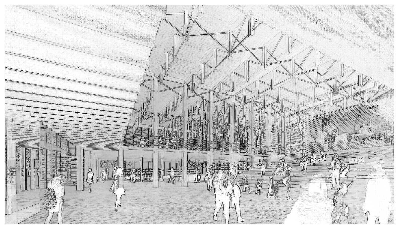 ChatGPT generated charcoal sketch of the interior of Sara Kulturhus in Skellefteå, Sweden, capturing its soaring timber structure and lively public space