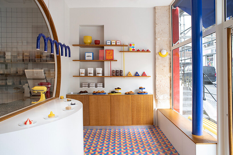 parisian patisserie ABRA frames pastries against geometric floors and bold primary colors