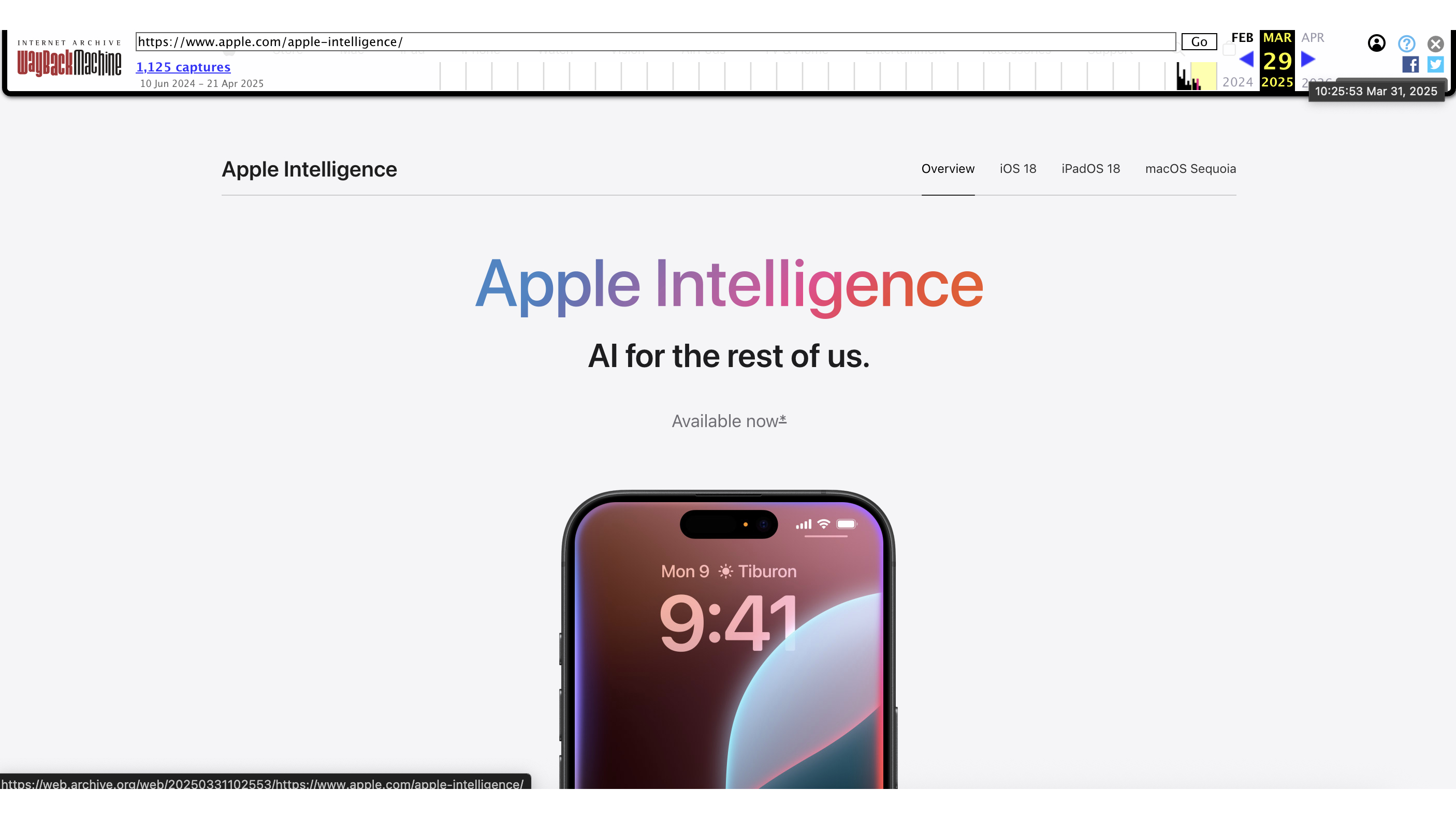 Apple Intelligence page viewed on the Wayback Machine