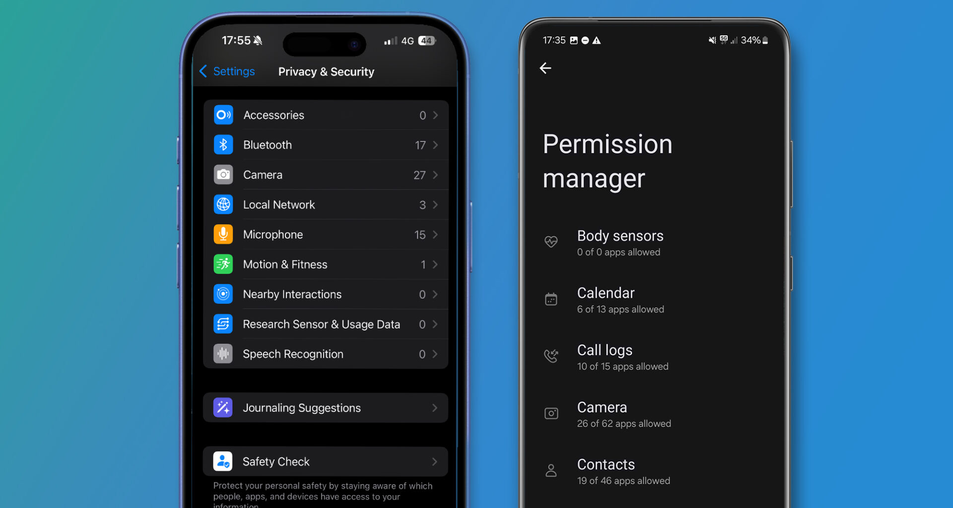 Two phones on a blue background showing the privacy settings in iOS and Android