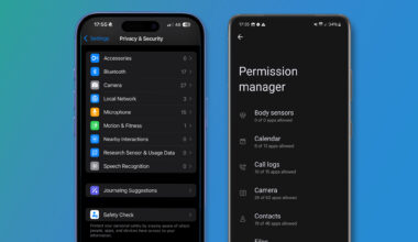 Two phones on a blue background showing the privacy settings in iOS and Android