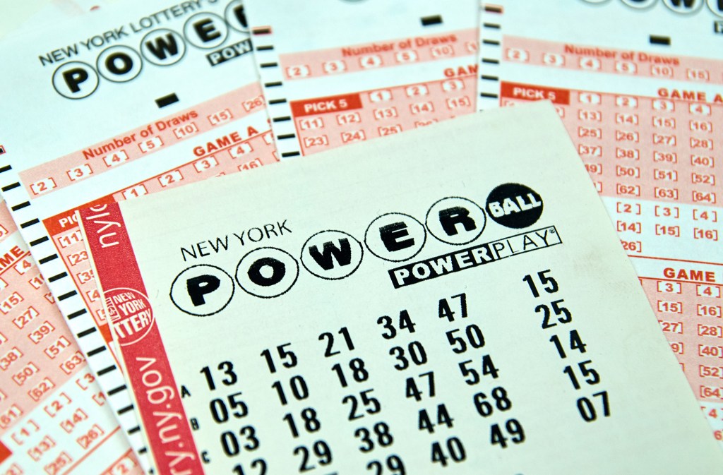A New York Powerball ticket displayed among other lotto cards.