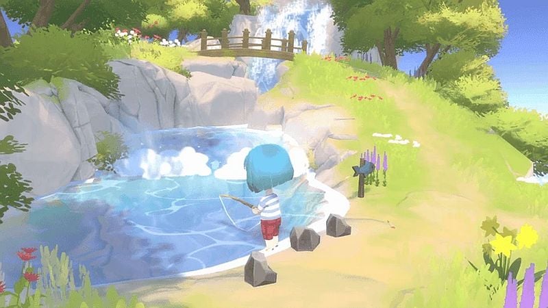 A young girl fishes at a pond.