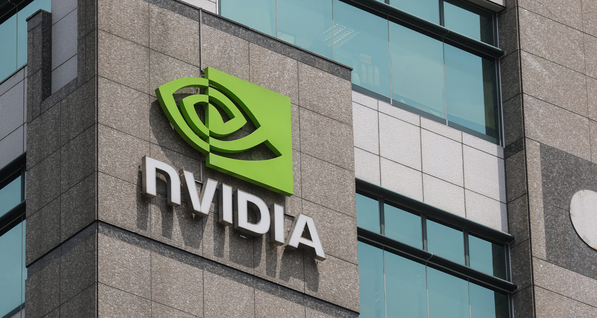 Nvidia logo and branding pictured on company offices in Taipei, Taiwan.