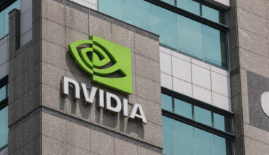 Nvidia logo and branding pictured on company offices in Taipei, Taiwan.