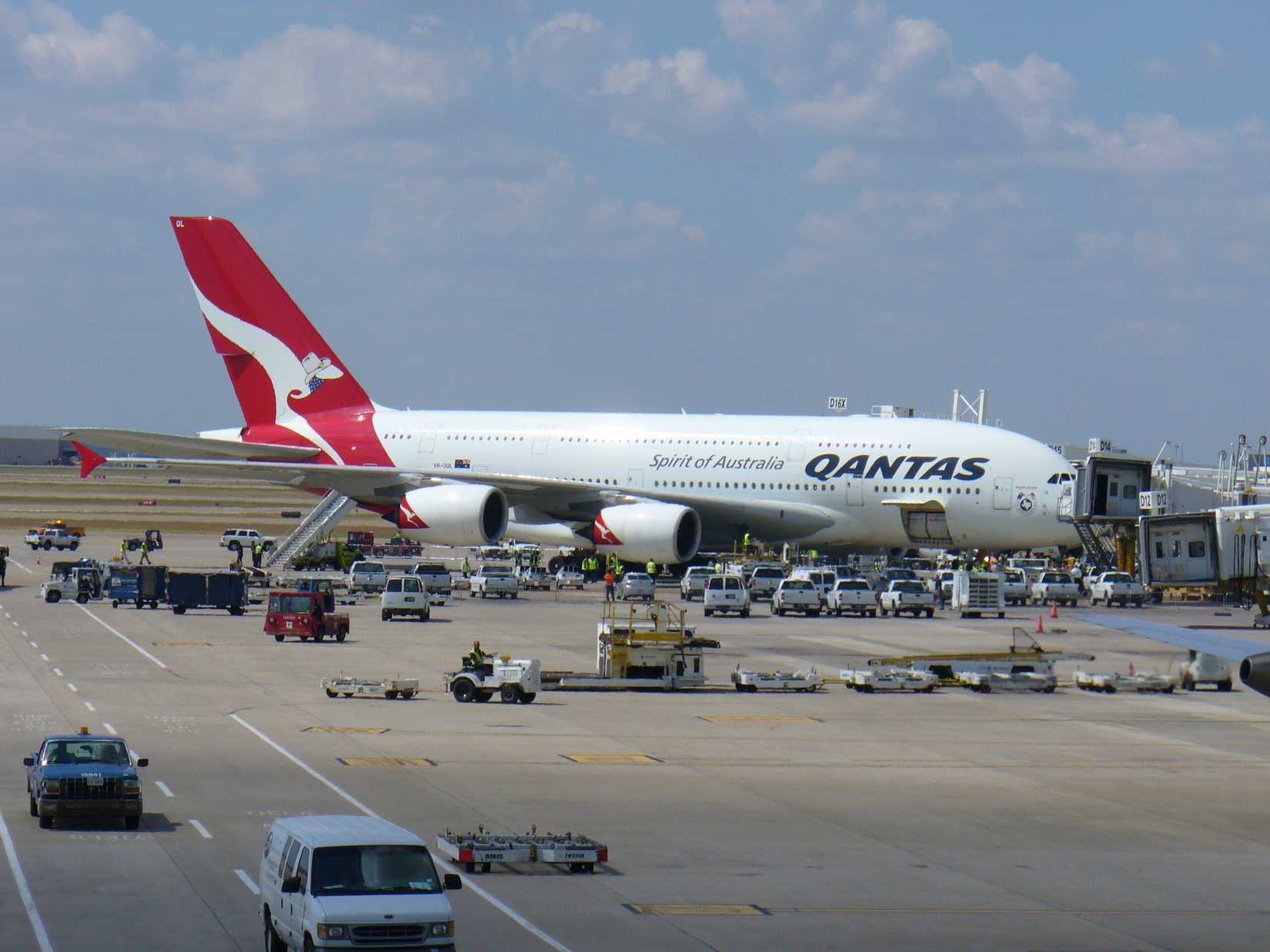 Inaugural Airbus A380 flight from Sydney Airport, Australia, parked at Gates 15 & 16X of Terminal D at Dallas/Fort Worth International Airport, 