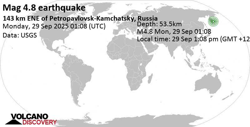 4.8 quake North Pacific Ocean, 143 km northeast of Petropavlovsk-Kamchatskiy, Kamchatka, Russia, Sep 29, 2025 01:08 pm (GMT +12)
