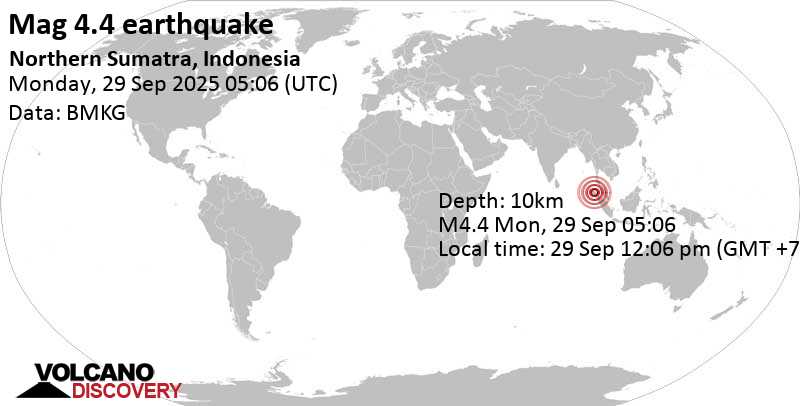 4.4 quake Kabupaten Gayo Lues, 63 km southwest of Langsa, Indonesia, Sep 29, 2025 12:06 pm (Jakarta time)