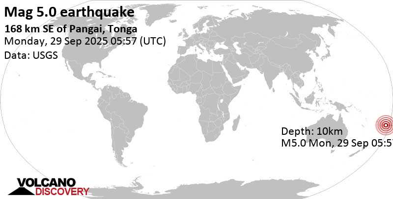 5.0 quake 196 km east of Nuku'alofa, Tongatapu, Tonga, Sep 29, 2025 05:57 am (Universal Time)