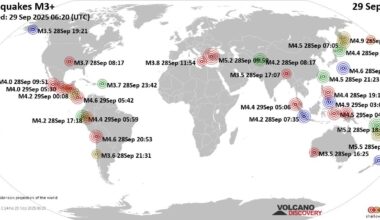 Worldwide earthquakes above magnitude 3 during the past 24 hours on 29 Sep 2025