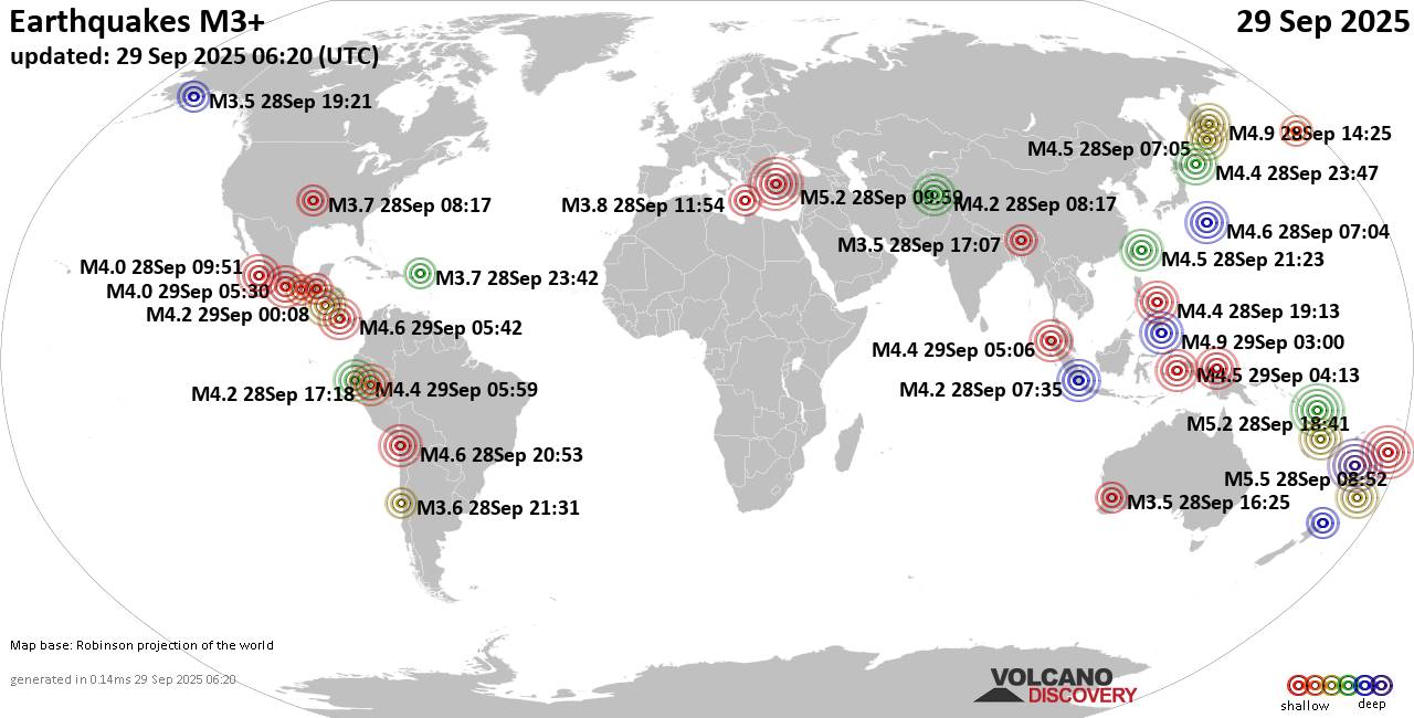 Worldwide earthquakes above magnitude 3 during the past 24 hours on 29 Sep 2025