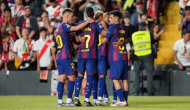 MADRID, SPAIN - AUGUST 31: Lamine Yamal of FC Barcelona celebrates scoring his team's first goal during the LaLiga EA Sports match between Rayo Vallecano de Madrid and FC Barcelona at Estadio de Vallecas on August 31, 2025 in Madrid, Spain. (Photo by Angel Martinez/Getty Images)