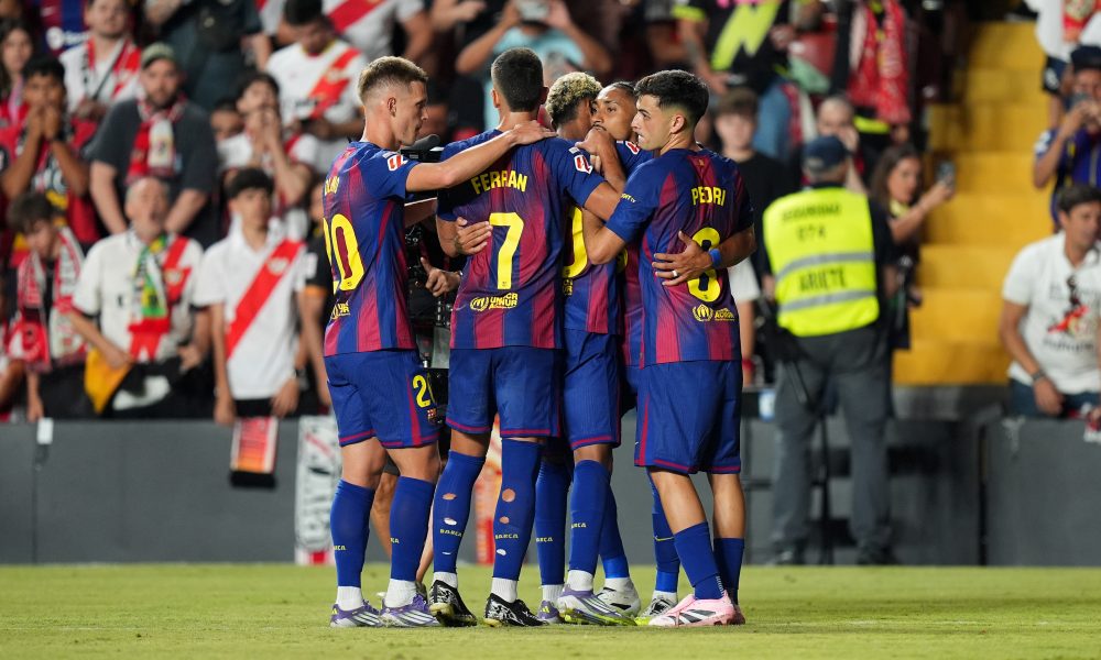 MADRID, SPAIN - AUGUST 31: Lamine Yamal of FC Barcelona celebrates scoring his team's first goal during the LaLiga EA Sports match between Rayo Vallecano de Madrid and FC Barcelona at Estadio de Vallecas on August 31, 2025 in Madrid, Spain. (Photo by Angel Martinez/Getty Images)