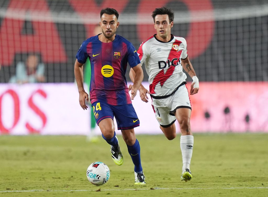 MADRID, SPAIN - AUGUST 31: Eric Garcia of FC Barcelona being followed by Pedro Diaz of Rayo Vallecano during the LaLiga EA Sports match between Rayo Vallecano de Madrid and FC Barcelona at Estadio de Vallecas on August 31, 2025 in Madrid, Spain. (Photo by Angel Martinez/Getty Images)