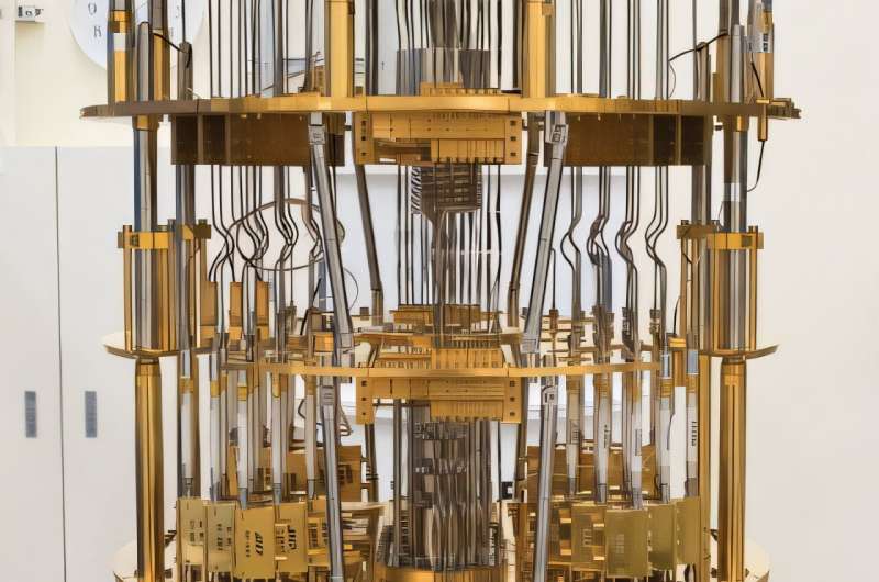 A dilution refrigerator used to cool a superconducting quantum computer. The quantum circuit is inside the cylindrical metal shield at the bottom of the photo. Credit: 2025 RIKEN Center for Quantum Computing Reading multiple superconducting qubits in record time
