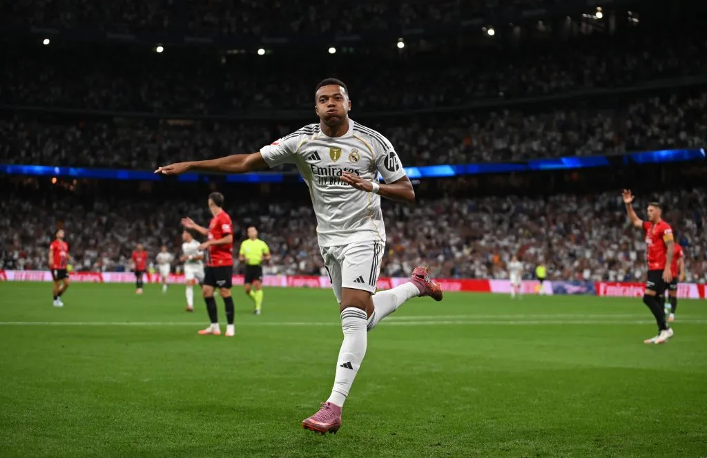 MADRID, SPAIN - AUGUST 30: Kylian Mbappe of Real Madrid celebrates scoring his side's first goal which was later ruled out due to offside during the LaLiga EA Sports match between Real Madrid CF and RCD Mallorca at Estadio Santiago Bernabeu on August 30, 2025 in Madrid, Spain. (Photo by Denis Doyle/Getty Images)
