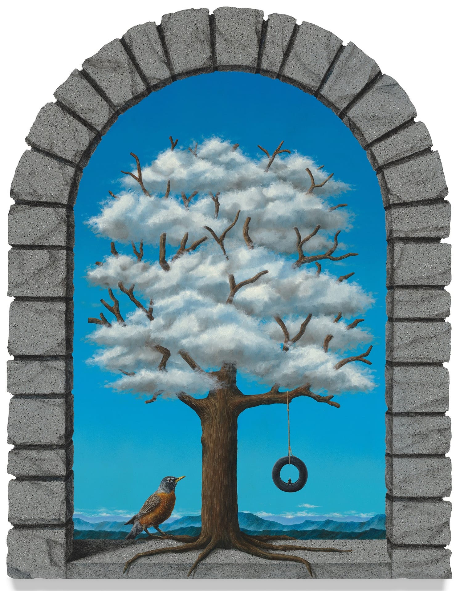 a surreal painting by Joseph Renda Jr. framed by a stone arch motif, with a bird looking up at a white tree with a tire swing hanging from it