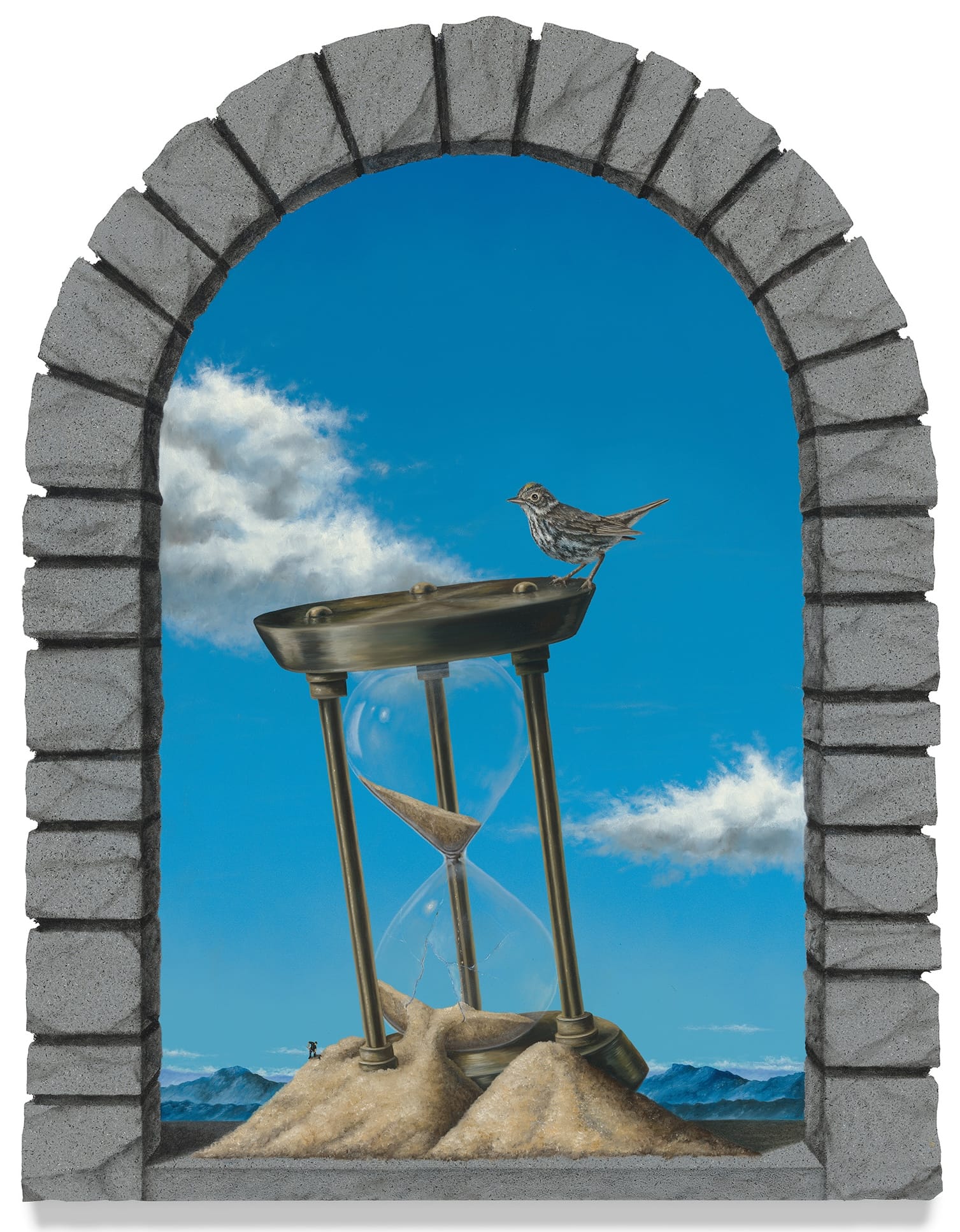 a surreal painting by Joseph Renda Jr. framed by a stone arch motif, with a bird perched on an hourglass leaning in the sand against a blue sky