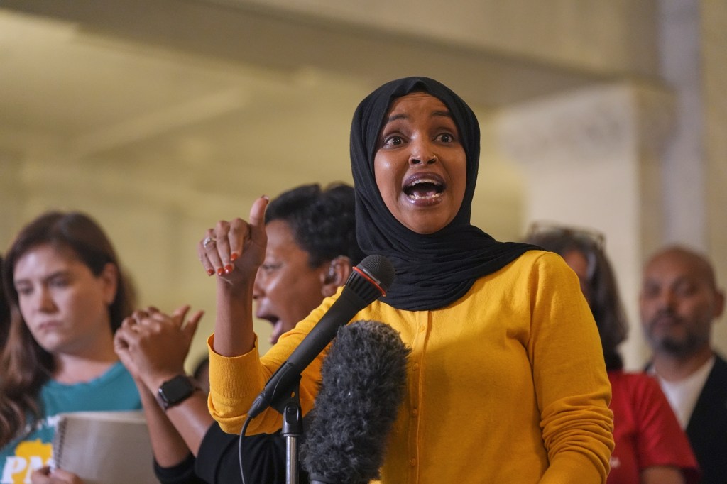 Rep. Ilhan Omar, D-Minn., speaks during a news conference in Minneapolis City Hall, Thursday, Aug. 28, 2025, in Minneapolis. 