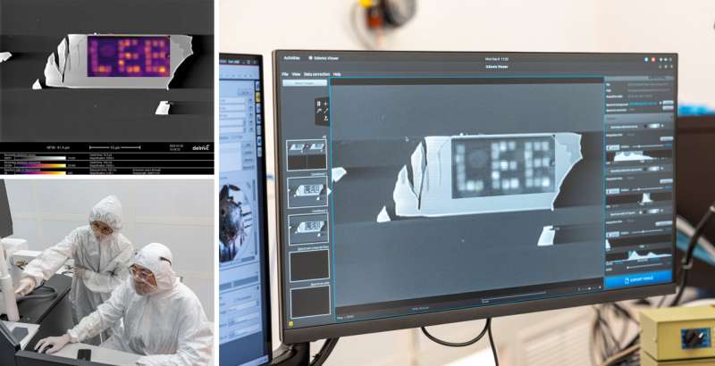 Cathodoluminescence hyperspectral mapping of a pattern spelling 'Lee' (top left); Hae Yeon Lee and Yifeng Liu (bottom left) and screen display. Credit: Jorge Vidal/Rice University Rice scientists use electrons to pattern light sources and wiring directly onto crystals