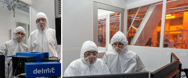 Yifeng Liu (from left) and Hae Yeon Lee working on the new cathodoluminescence spectroscopy system in the Shared Equipment Authority facilities at Rice University. Credit: Jorge Vidal/Rice University Rice scientists use electrons to pattern light sources and wiring directly onto crystals