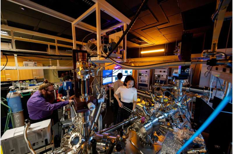 The experimental setup at OIST, featuring the world-leading TR-ARPES (time- and angle resolved photoemission spectroscopy) microscope, which features a proprietary, tabletop XUV (extreme ultraviolet) source, capable of imaging the electrons and excitons at femtosecond timescales (1fs = one quadrillionth (10-15) of a second). Credit: Jeff Prine & Andrew Scott (OIST) Shining a light on dark valleytronics