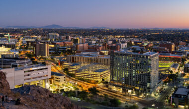 Downtown Tempe with the sunset in the background