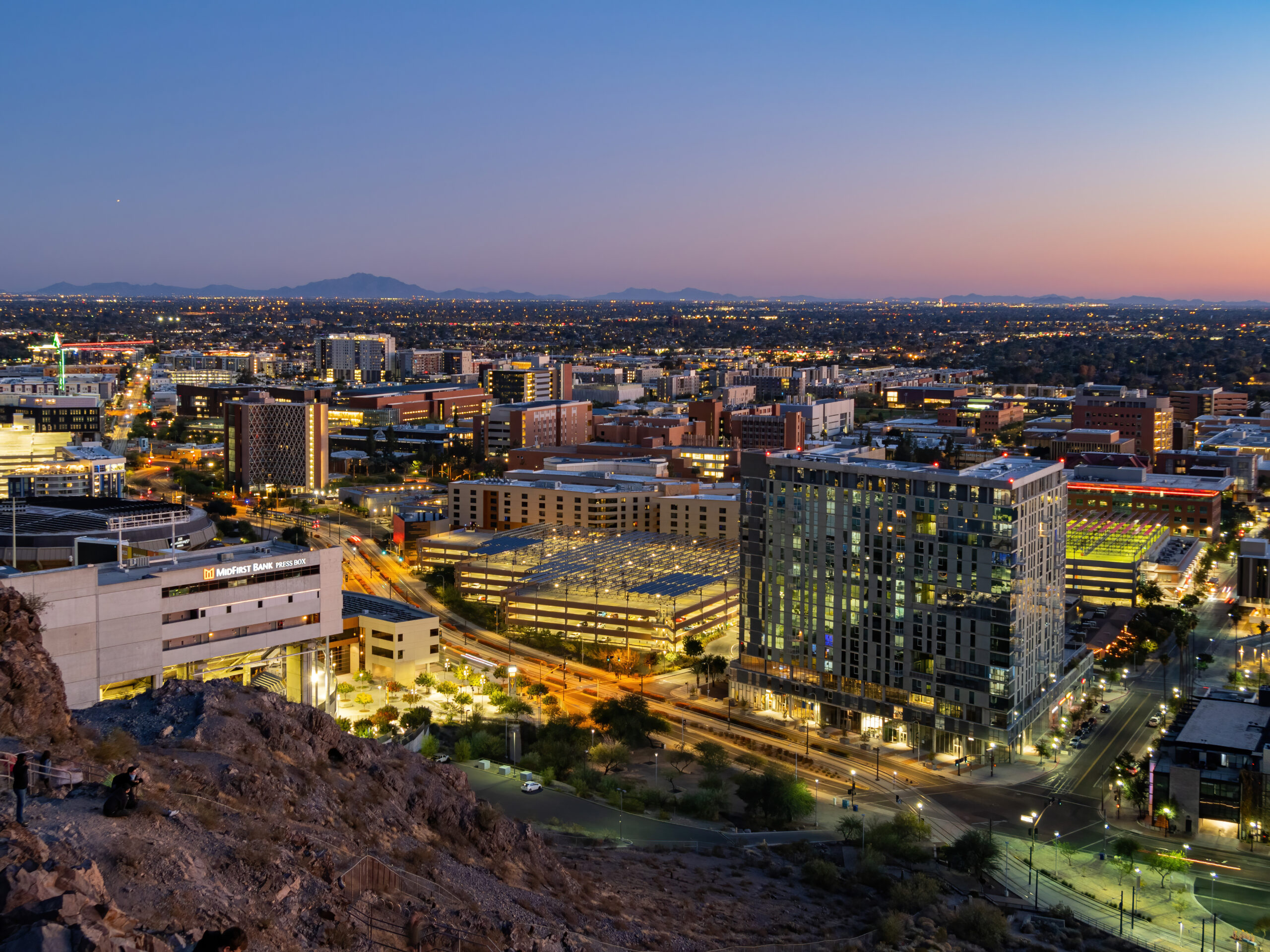 Downtown Tempe with the sunset in the background