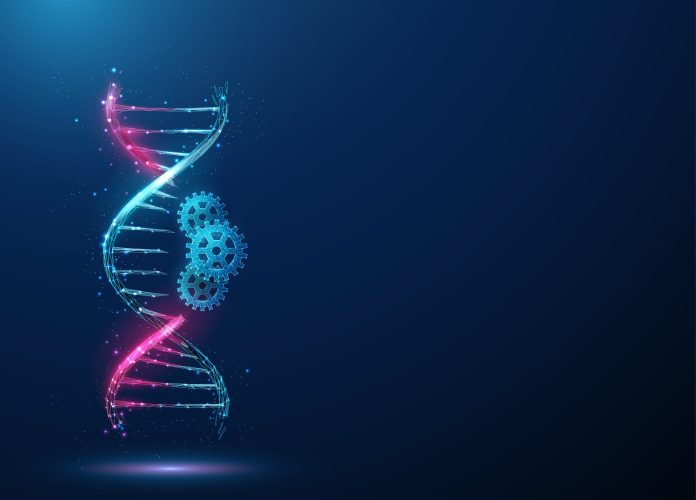 Illustration of a DNA double helix with glowing blue and pink strands, combined with mechanical gears symbolising genetic engineering and CRISPR gene-editing technology, on a dark blue background.
