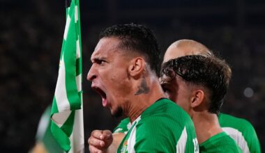Betis' Antony celebrates after scoring during the Europa League soccer match between Real Betis and Nottingham Forest