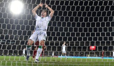 Ireland's Evan Ferguson reacts after missing to score during a World Cup 2026 group F qualifying soccer match between Armenia and Ireland at the Vazgen Sargsyan stadium in Yerevan, Armenia, Tuesday, Sept. 9, 2025. (AP Photo/Hakob Berberyan)