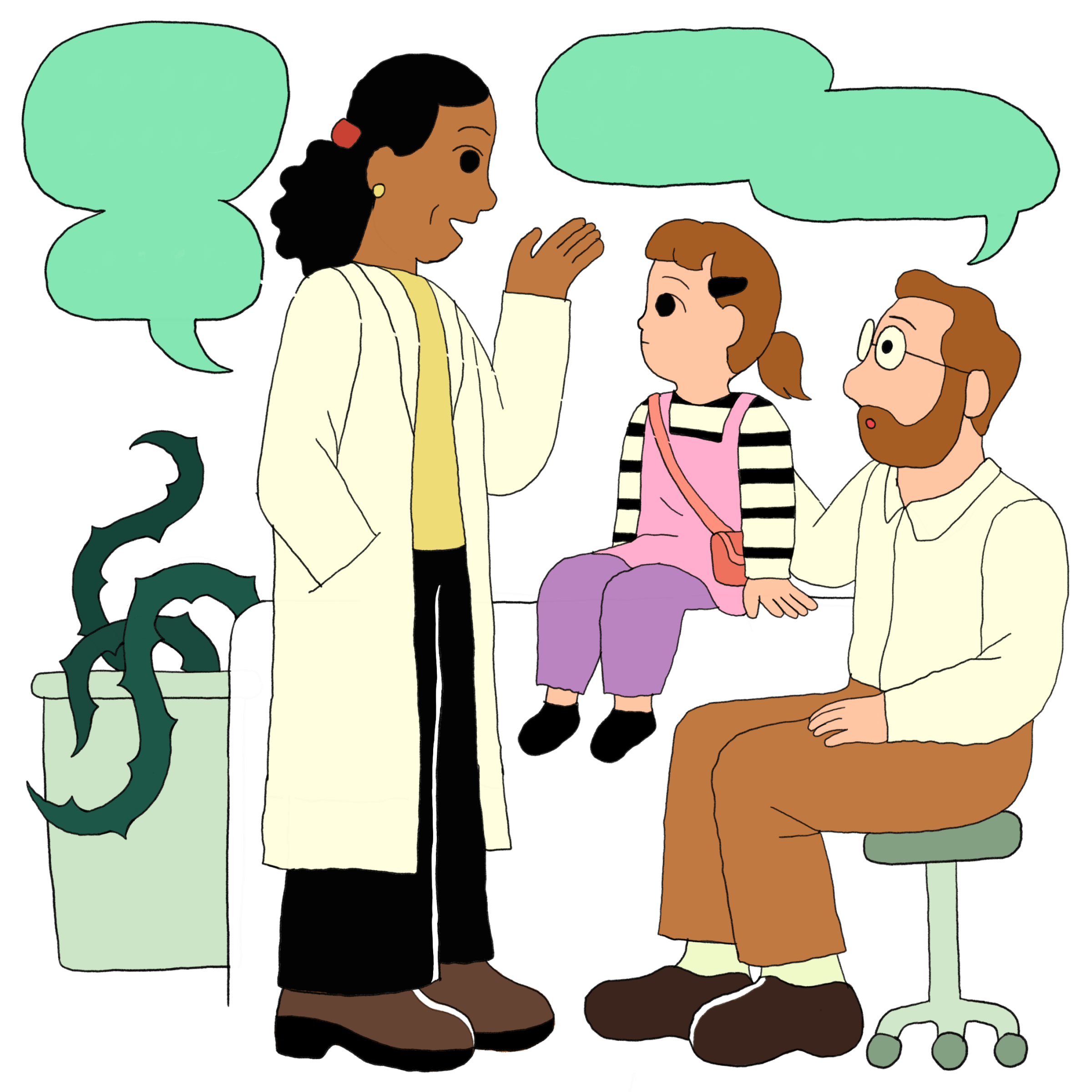 An illustration of a doctor talking and gesturing toward a father and daughter in an exam room. Behind the doctor, some thorny branches are seen in a wastebasket.