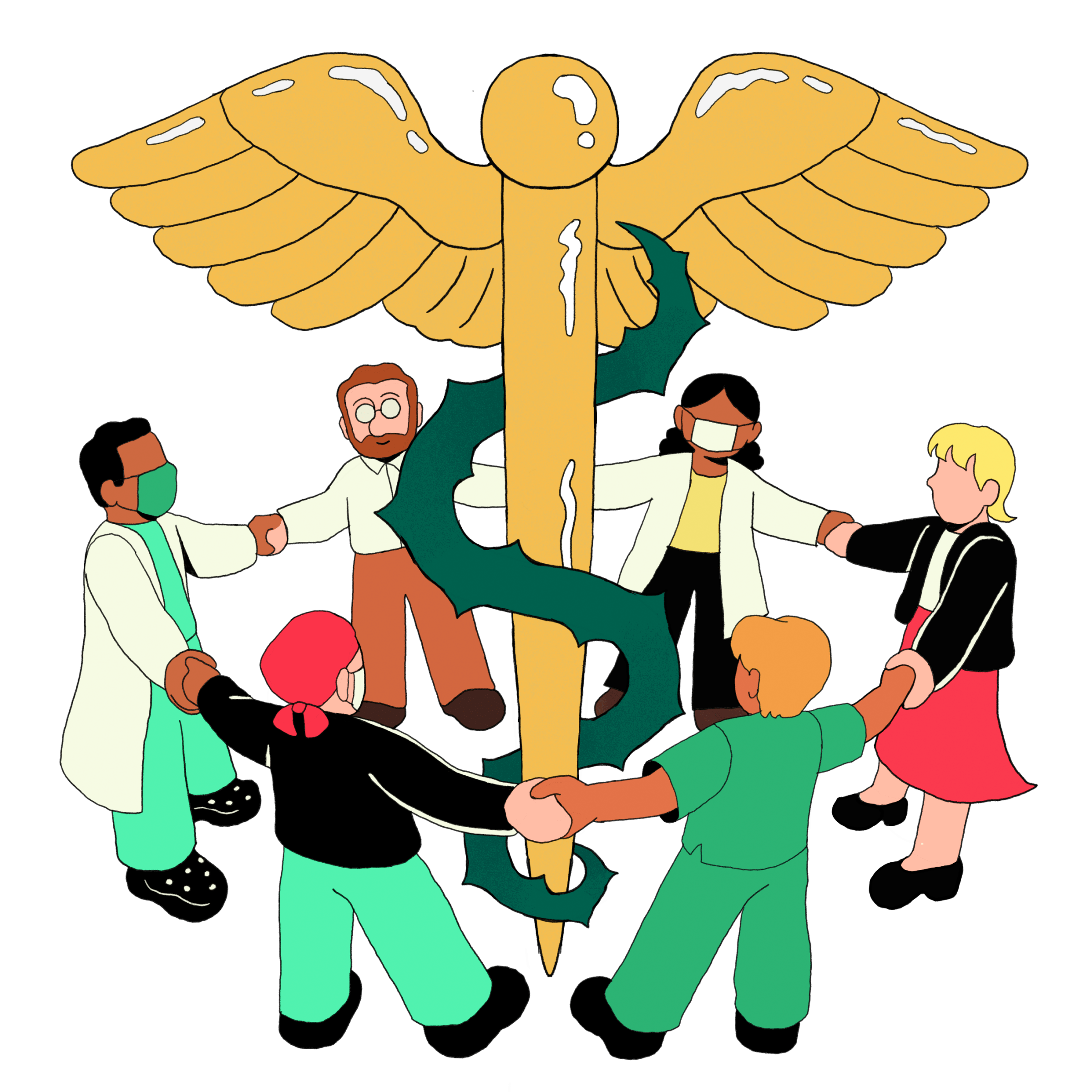 An illustration of several health care workers holding hands and surrounding a rod of asclepius with a thorny vine replacing the snake.