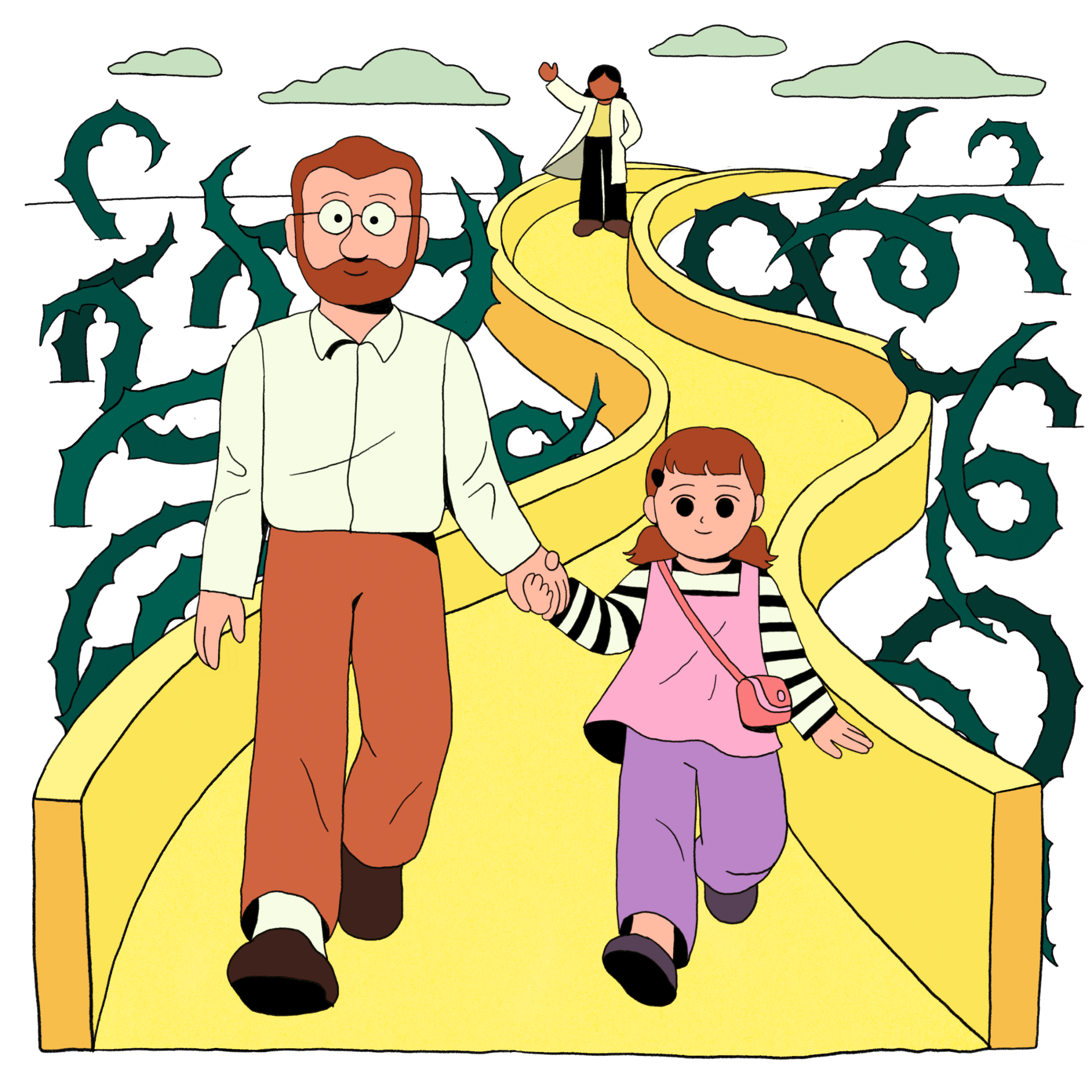 An illustration of a father and daughter walking away from a waving doctor on a yellow pathway with protective sides. Beyond the path are chaotic thorny greens.