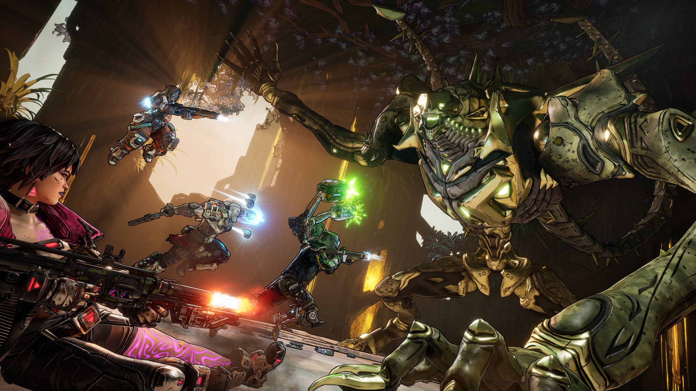 Screenshot from Borderlands 4 featuring the game’s four player characters facing off against a giant monster.
