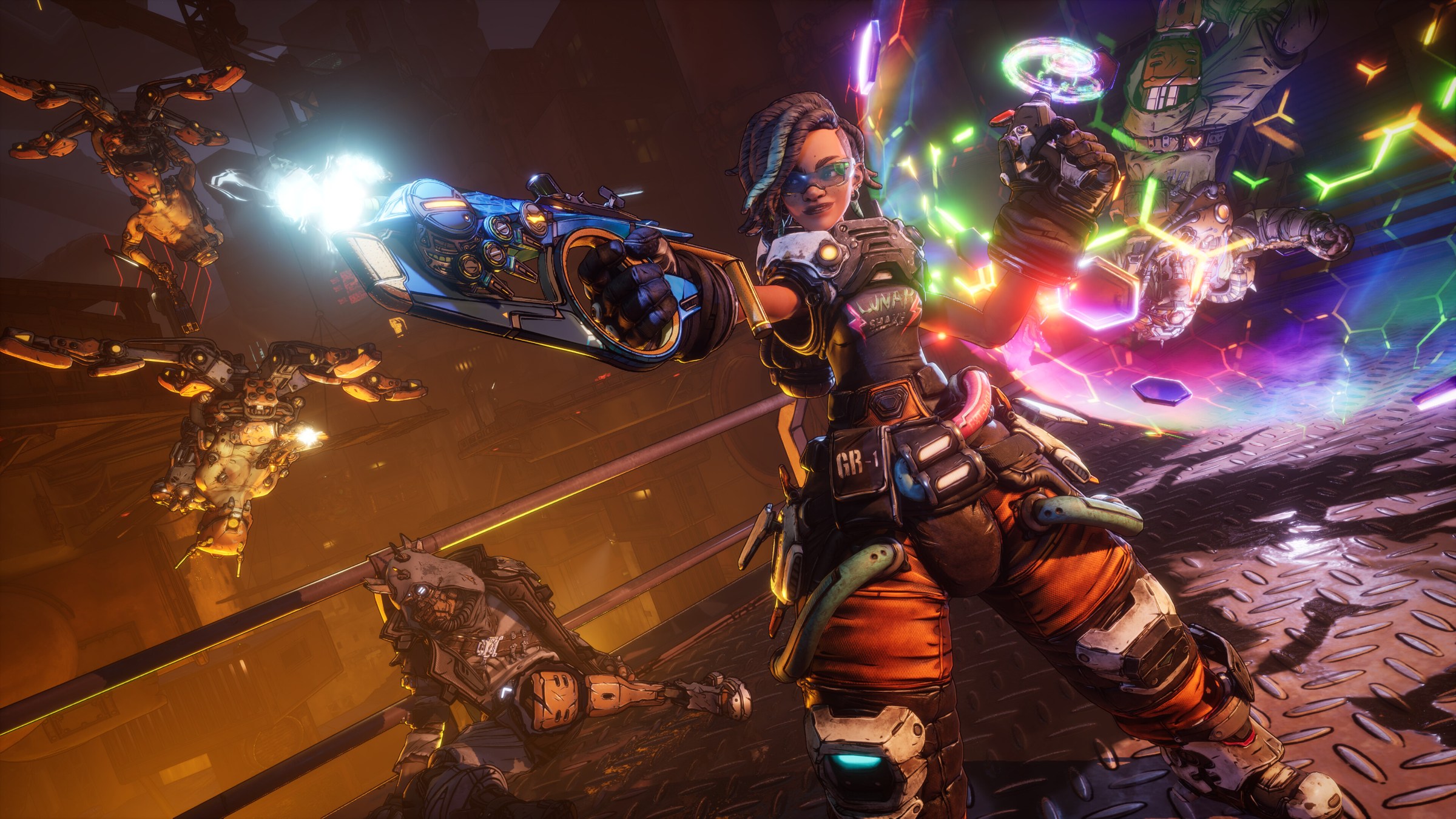 Screenshot from Borderlands 4 featuring a close up of Harlowe, a Black woman shooting futuristic looking guns.