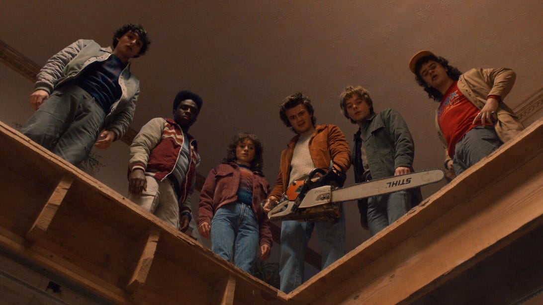 Finn Wolfhard, Caleb McLaughlin, Natalia Dyer, Joe Keery, Charlie Heaton, and Gaten Matarazzo, Stranger Things