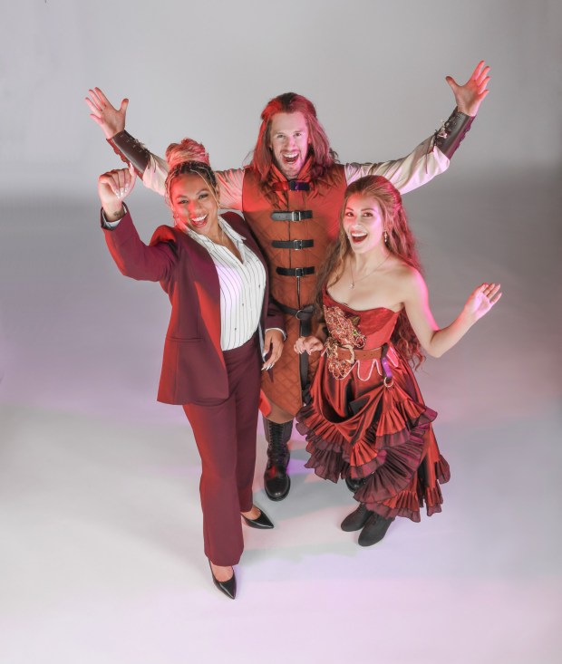 Liisi LaFontaine as Gwen Mirandola, left, Leo Roberts as Sir Roland Prowd and Cailen Fu as Kate Mirandola in the Old Globe's world premiere musical "Huzzah!" (Jim Cox)