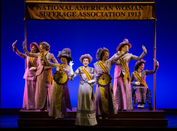 Jenn Colella, center, as suffragist Carrie Chapman Catt in the Broadway production of "Suffs." The national touring production plays Sept. 30 through Oct. 5 at the San Diego Civic Theatre. (Joan Marcus)