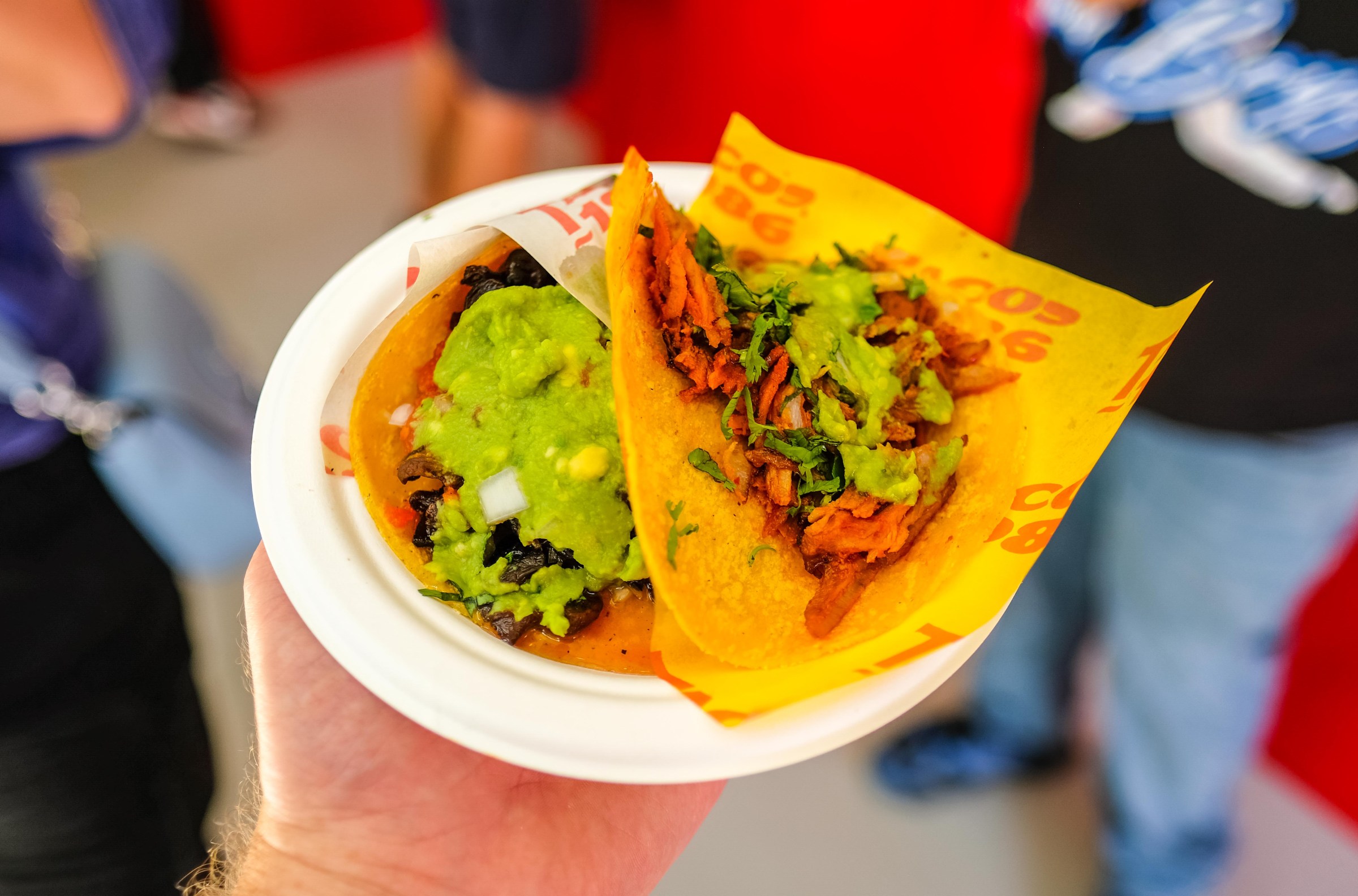 Two tacos on a plate being held up.