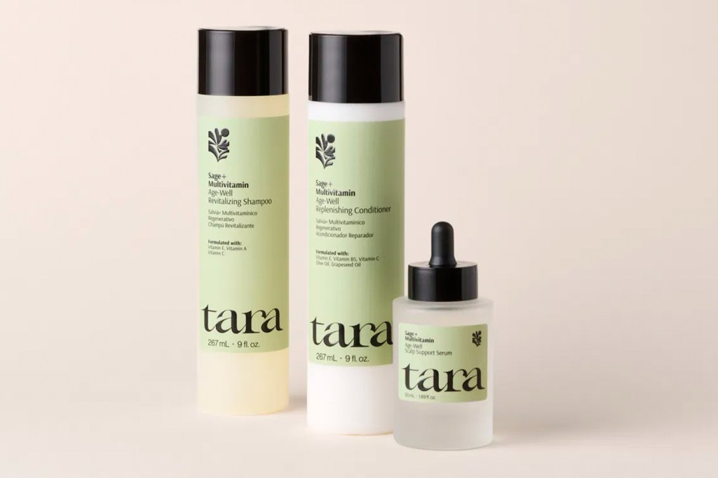 Three hair product bottles with black lids and light green labels