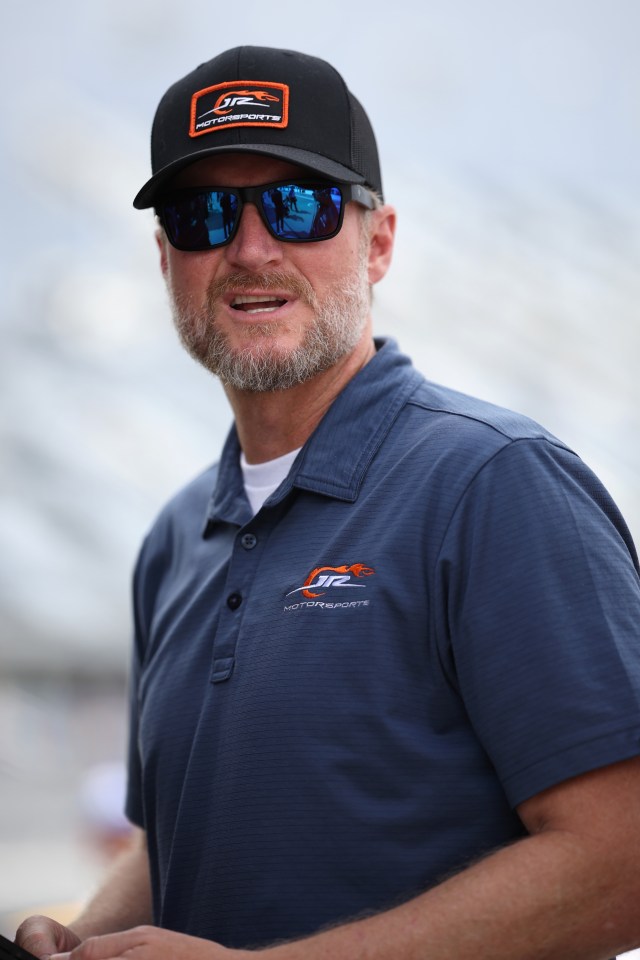 Team owner Dale Earnhardt Jr. looking on during qualifying for the NASCAR Xfinity Series.