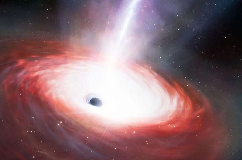Artist’s impression of a rapidly feeding black hole that is emitting powerful gas outflows. Credit: NOIRLab/NSF/AURA/J. da Silva/M. Zamani Tech uncovers weight loss in early universe black holes